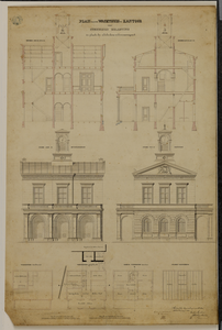 216519 Plattegronden, opstanden van de voor- en rechtergevel en doorsneden van het ontwerp voor een wachthuis op de ...
